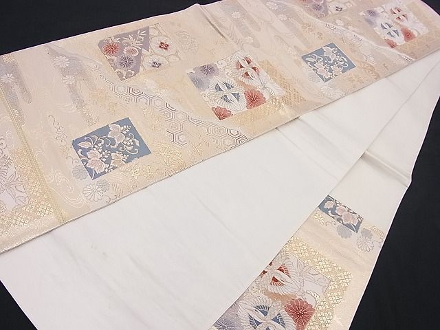 平和屋着物■六通柄袋帯 唐織 向かい鶴菱色紙花文 金銀糸 逸品 n-je2205
