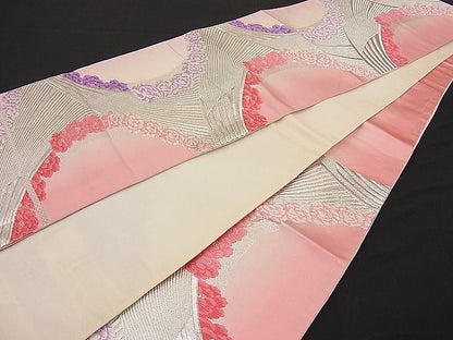 平和屋着物■六通柄袋帯 唐織 扇面牡丹文 銀糸 逸品 n-ip0344