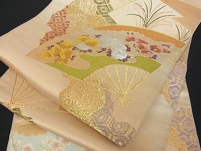 平和屋着物■六通柄袋帯 道長扇面草花文 金銀糸 逸品 du1417