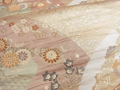 平和屋着物■六通柄袋帯 唐織 扇面御所車草花文 金糸 逸品 ch2781