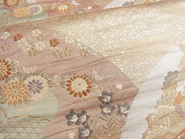 平和屋着物■六通柄袋帯 唐織 扇面御所車草花文 金糸 逸品 ch2781