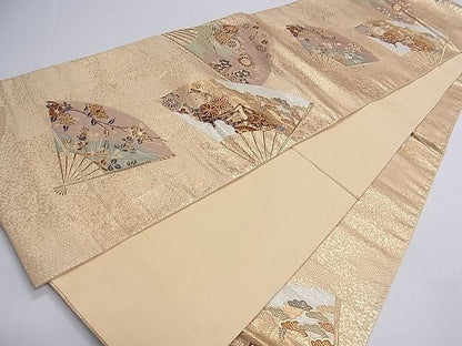 平和屋着物■六通柄袋帯 唐織 扇面御所車草花文 金糸 逸品 ch2781