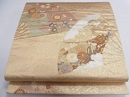 平和屋着物■六通柄袋帯 唐織 扇面御所車草花文 金糸 逸品 ch2781