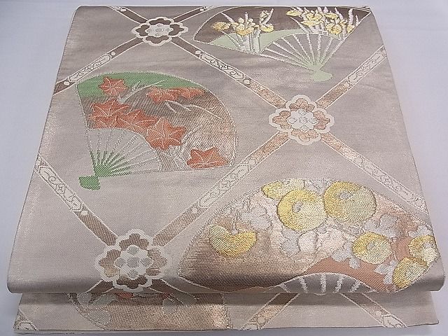 平和屋着物■六通柄袋帯 格子扇面草花文 金銀糸 逸品 ch2808