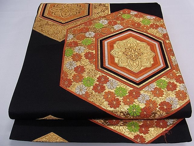平和屋着物■六通柄袋帯　唐織　亀甲花文　黒地　金糸　逸品　ch2812