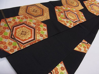 平和屋着物■六通柄袋帯　唐織　亀甲花文　黒地　金糸　逸品　ch2812