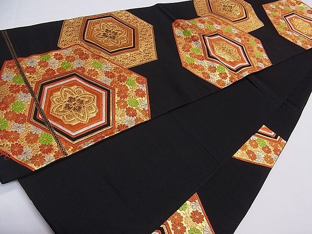 平和屋着物■六通柄袋帯　唐織　亀甲花文　黒地　金糸　逸品　ch2812