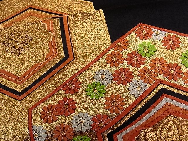 平和屋着物■六通柄袋帯　唐織　亀甲花文　黒地　金糸　逸品　ch2812