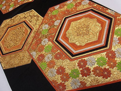 平和屋着物■六通柄袋帯　唐織　亀甲花文　黒地　金糸　逸品　ch2812