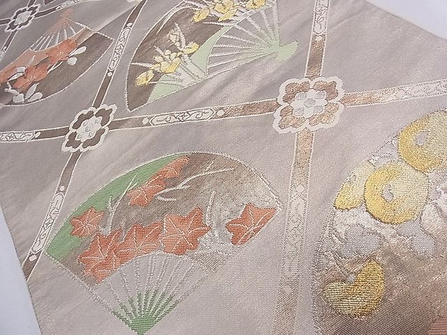 平和屋着物■六通柄袋帯 格子扇面草花文 金銀糸 逸品 ch2808