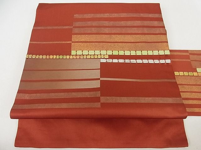 平和屋着物■九寸名古屋帯 横段文 金糸 逸品 cm2730