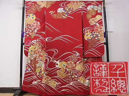 平和屋本店●極上　創業460年・千總　振袖　駒刺繍　立波草花文　銀通し地　逸品　3s30029