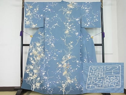 平和屋本店■極上　創業460年・千總　訪問着　刺繍　草花文　暈し染め　金彩　藍鼠色地　松坂屋扱い　逸品　未使用3s20243