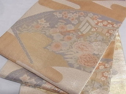 平和屋着物■宝珠本佐賀錦 六通柄袋帯 地紙重ね御所車花文 金糸 九百錦 正絹 逸品 A-sx7386
