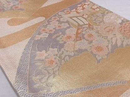 平和屋着物■宝珠本佐賀錦 六通柄袋帯 地紙重ね御所車花文 金糸 九百錦 正絹 逸品 A-sx7386