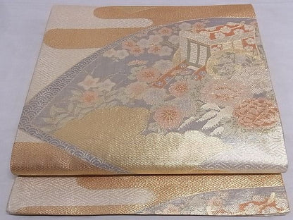 平和屋着物■宝珠本佐賀錦 六通柄袋帯 地紙重ね御所車花文 金糸 九百錦 正絹 逸品 A-sx7386