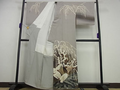 平和屋本店■最高傑作 浦野理一 訪問着 国宝中国画 雪中の白鷺 源氏鼠色地 金彩 たとう紙・色紙付 逸品 未使用3s5067