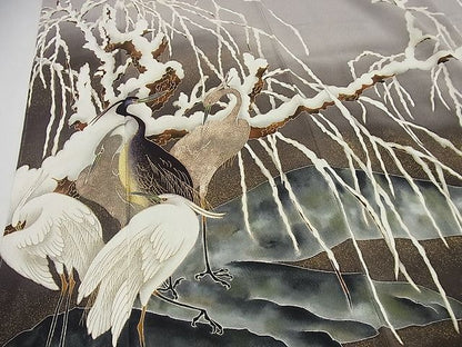 平和屋本店■最高傑作 浦野理一 訪問着 国宝中国画 雪中の白鷺 源氏鼠色地 金彩 たとう紙・色紙付 逸品 未使用3s5067