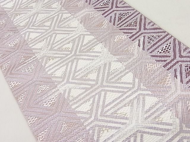 千年工房 正絹 博多織 八寸名古屋帯 灰白×グレー 幾何学 紋織 美品 期間限定セール30%off□極上 1897年創業 名門岡野 本場筑前