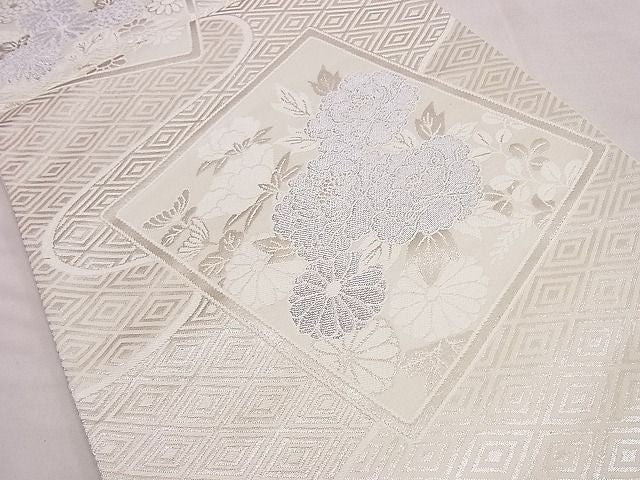 平和屋着物■六通柄袋帯　色紙牡丹菊文　銀糸　逸品　n-hj6879