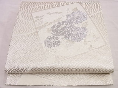 平和屋着物■六通柄袋帯　色紙牡丹菊文　銀糸　逸品　n-hj6879