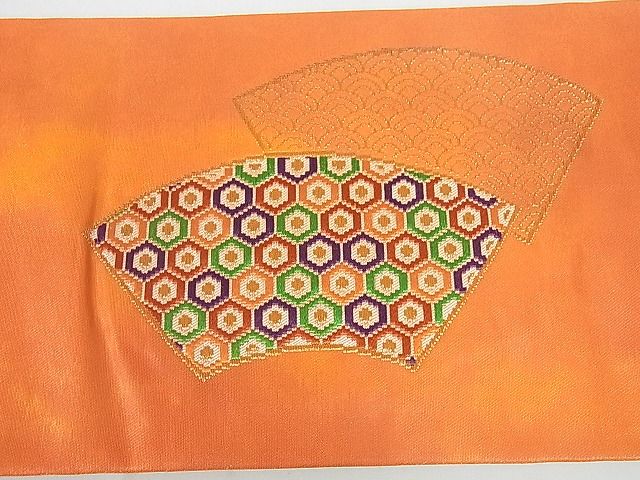 平和屋着物■九寸名古屋帯　唐織　地紙重ね吉祥文　金糸　逸品　sf2537