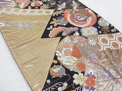平和屋着物■六通柄袋帯 唐織 鳳凰吉祥花蝶丸文 黒地 金銀糸 逸品 n-gt3174