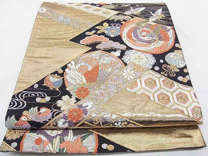 平和屋着物■六通柄袋帯 唐織 鳳凰吉祥花蝶丸文 黒地 金銀糸 逸品 n-gt3174