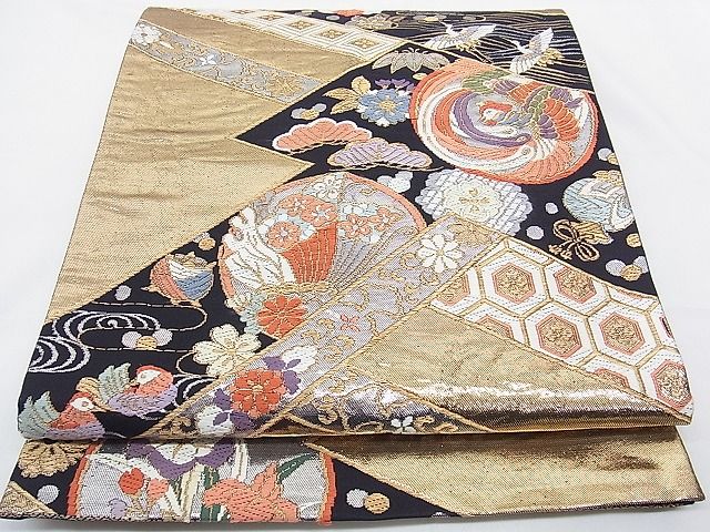 平和屋着物■六通柄袋帯 唐織 鳳凰吉祥花蝶丸文 黒地 金銀糸 逸品 n-gt3174
