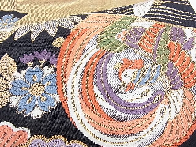 平和屋着物■六通柄袋帯 唐織 鳳凰吉祥花蝶丸文 黒地 金銀糸 逸品 n-gt3174