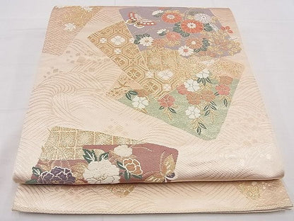 平和屋着物■六通柄袋帯　唐織　色紙重ね吉祥花蝶文　金糸　逸品　n-yt0058