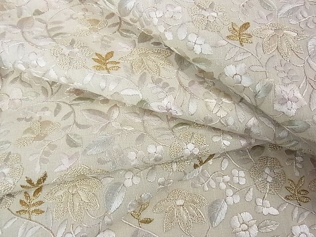 平和屋本店■極上　夏物　中国三大刺繍　相良刺繍　訪問着　紗紬　総刺繍　花唐草文　象牙色地　金糸　逸品　DZAA0469kh5