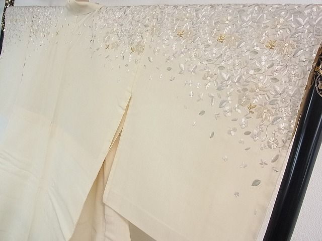 平和屋本店■極上　夏物　中国三大刺繍　相良刺繍　訪問着　紗紬　総刺繍　花唐草文　象牙色地　金糸　逸品　DZAA0469kh5