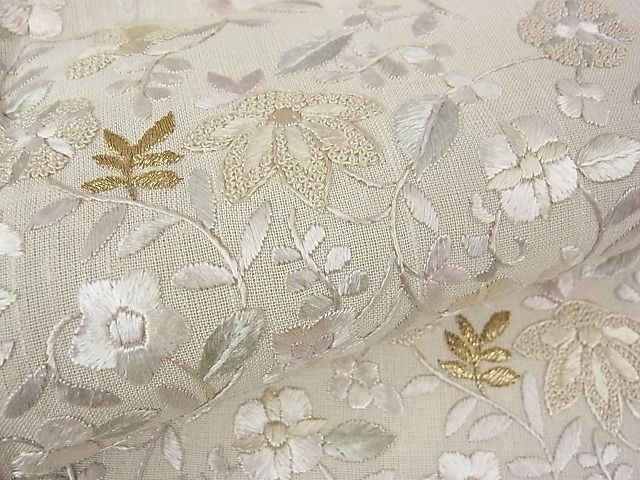 平和屋本店■極上　夏物　中国三大刺繍　相良刺繍　訪問着　紗紬　総刺繍　花唐草文　象牙色地　金糸　逸品　DZAA0469kh5