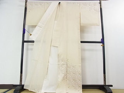 平和屋本店■極上　夏物　中国三大刺繍　相良刺繍　訪問着　紗紬　総刺繍　花唐草文　象牙色地　金糸　逸品　DZAA0469kh5