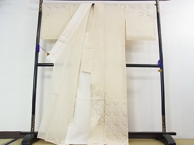平和屋本店■極上　夏物　中国三大刺繍　相良刺繍　訪問着　紗紬　総刺繍　花唐草文　象牙色地　金糸　逸品　DZAA0469kh5