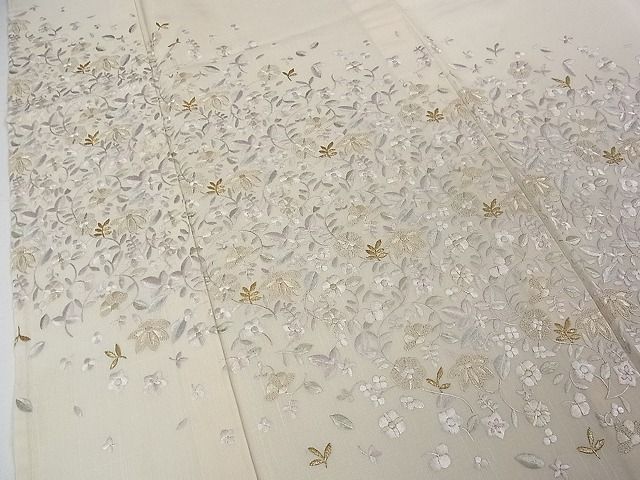 平和屋本店■極上　夏物　中国三大刺繍　相良刺繍　訪問着　紗紬　総刺繍　花唐草文　象牙色地　金糸　逸品　DZAA0469kh5