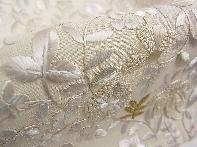 平和屋本店■極上　夏物　中国三大刺繍　相良刺繍　訪問着　紗紬　総刺繍　花唐草文　象牙色地　金糸　逸品　DZAA0469kh5