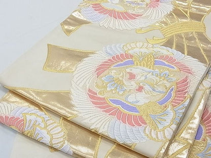 平和屋着物■六通柄袋帯 唐織 束ね熨斗対い鳳凰文 金糸 正絹 逸品 B-fw0424