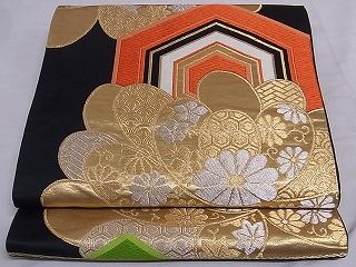 平和屋着物■六通柄袋帯 唐織 亀甲花文 黒地 金銀糸 正絹 逸品 A-sx7906