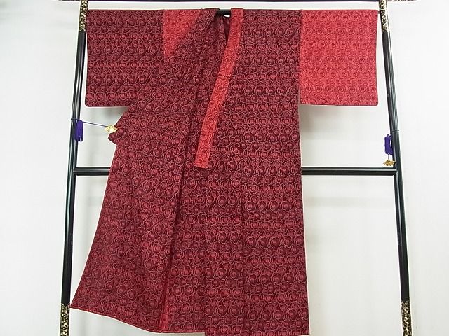 平和屋本店▽希少 男性 京都西陣・想屋謹製 お召 単衣 片身替わり 薔薇 バラ 反端付き 逸品 3kh1412