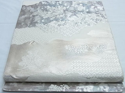 平和屋着物■六通柄袋帯 霞取り草花文 銀糸 正絹 逸品 B-fw0516