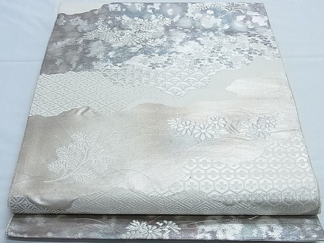平和屋着物■六通柄袋帯 霞取り草花文 銀糸 正絹 逸品 B-fw0516