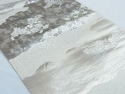 平和屋着物■六通柄袋帯 霞取り草花文 銀糸 正絹 逸品 B-fw0516