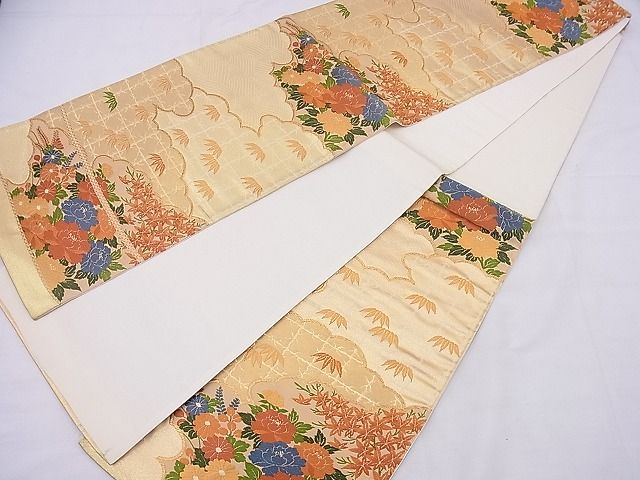 平和屋着物■西陣 六通柄袋帯 唐織 雲取り菊牡丹文 金糸 逸品 n-me0035