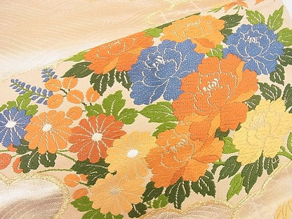 平和屋着物■西陣 六通柄袋帯 唐織 雲取り菊牡丹文 金糸 逸品 n-me0035