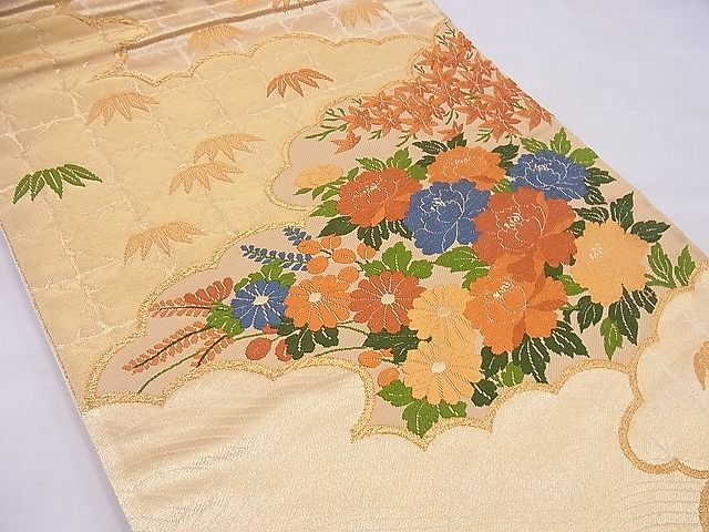 平和屋着物■西陣 六通柄袋帯 唐織 雲取り菊牡丹文 金糸 逸品 n-me0035