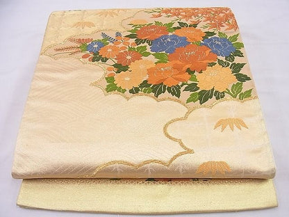 平和屋着物■西陣 六通柄袋帯 唐織 雲取り菊牡丹文 金糸 逸品 n-me0035