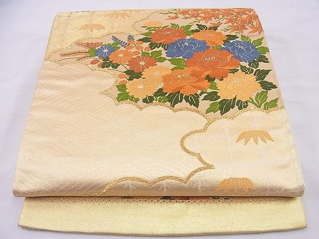 平和屋着物■西陣 六通柄袋帯 唐織 雲取り菊牡丹文 金糸 逸品 n-me0035