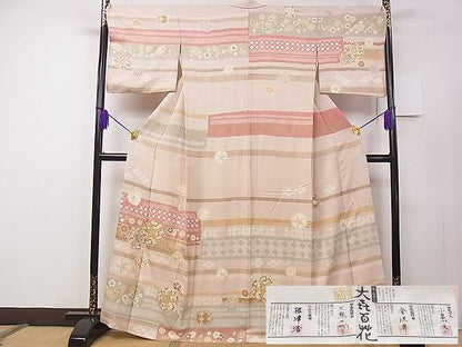 平和屋本店■極上 十日町 名門青柳高級ブランド 大喜百花 訪問着 駒刺 絞り 金彩 反端付き 逸品3s30509